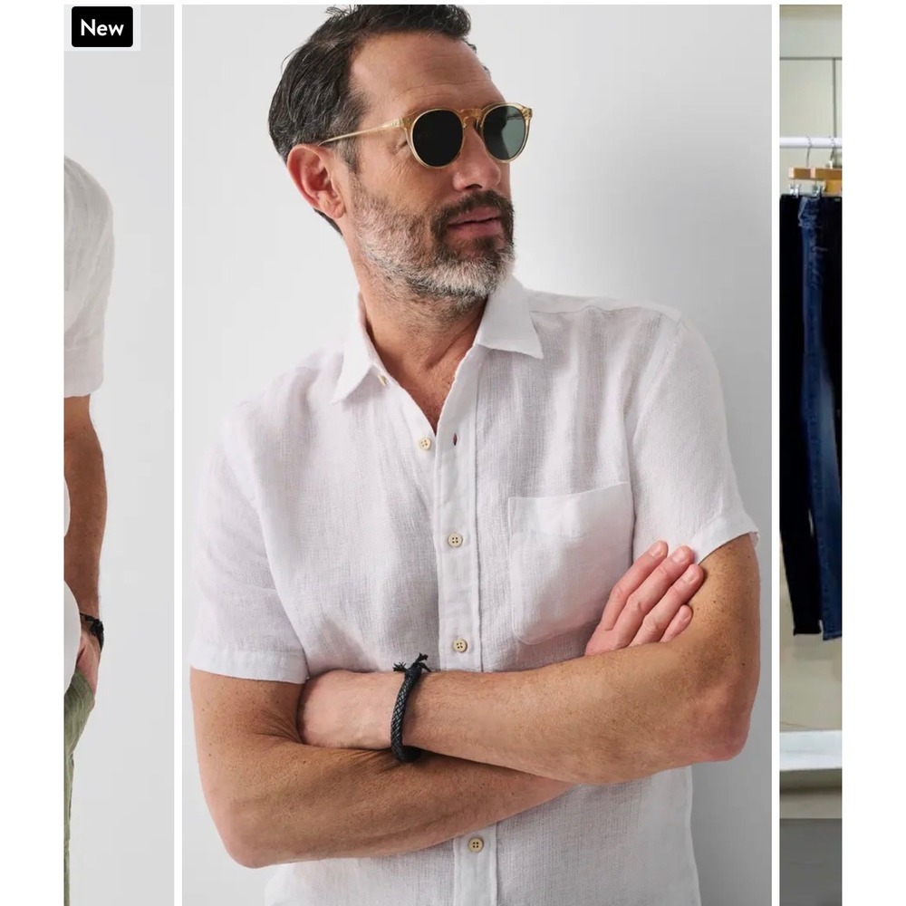 A7 Faherty Brand Mens White 100% Linen Short Sleeve Button Down Shirt Large